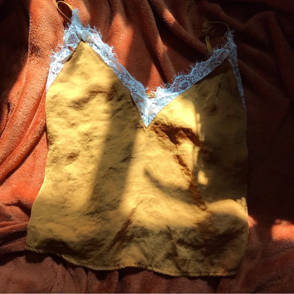 Urban Outfitters Mustard Yellow Satin Lace Trim Tank